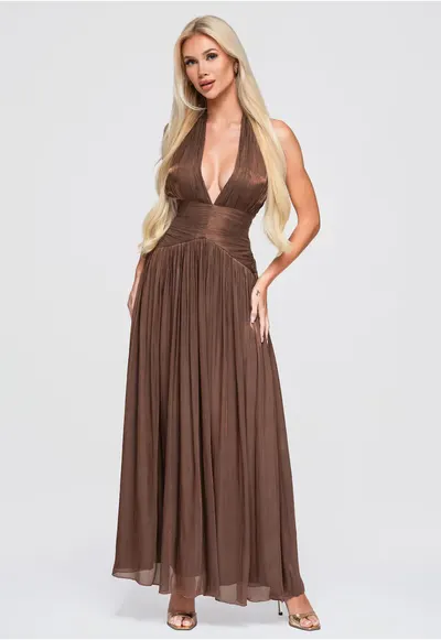 Rochie maxi eleganta cu decolteu adanc si talie marcata LA-OM-DLR414 - Maro
