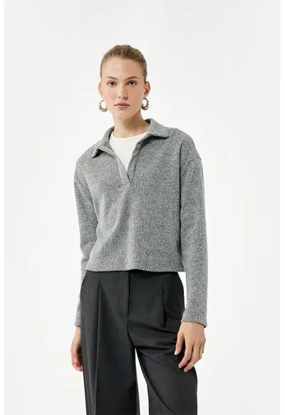 Pulover polo striat - Gri melange
