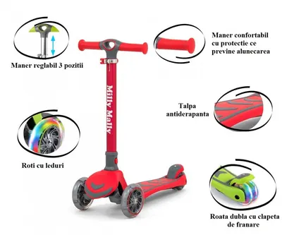 Trotineta pliabila Milly Mally Boogie Red, roti din silicon cu Led, platforma antiderapanta, greutate admisa 50 kg