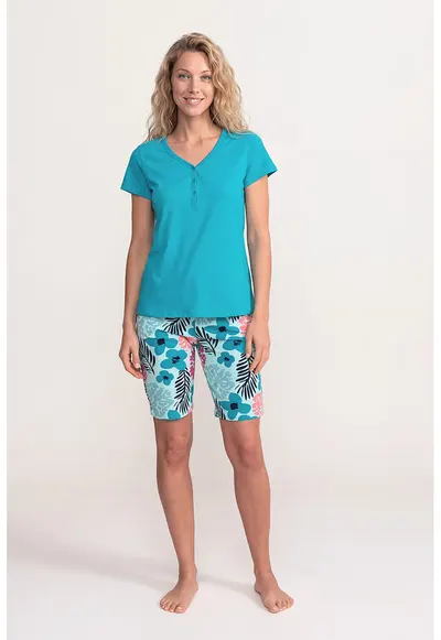 Pijama cu pantaloni sucrti si imprimeu floral Valerie - Turcoaz