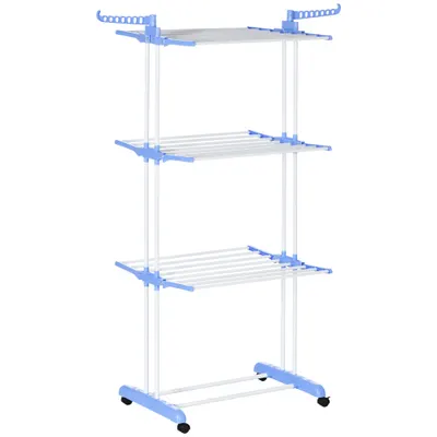 Uscator de rufe extensibil HOMCOM pe 4 niveluri cu 4 roti, din otel si pp, 73x64x177 cm, Albastru si Argintiu | Aosom Romania