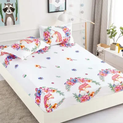 Cearsaf cu elastic, Bumbac FINET, 160/180x200cm, 2 fete de perne 50x70cm, Jojo Home, Alb-Multicolor, unicorni