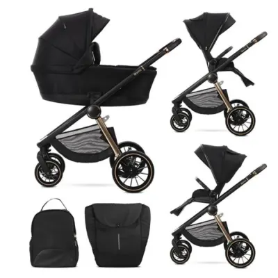 Carucior set 2 in 1, Lorelli Bianca, cos landou individual cu maner de transport, cadru din aluminiu, pana la 22 kg, Black