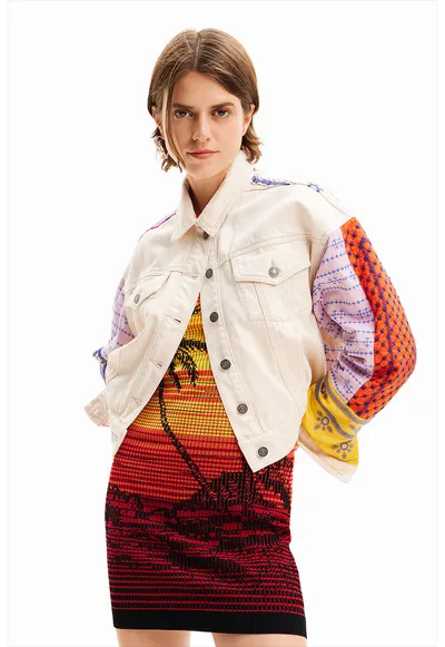 Jacheta de denim cu broderii Julie - Rosu vermillion/Crem