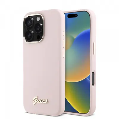 Husa pentru Apple iPhone 16 Pro, Guess, Script Metal Logo & Frame, Roz