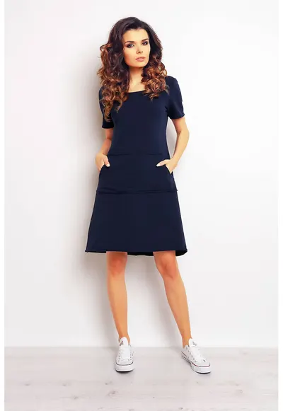 Rochie trapez midi din tricot cu maneci scurte - - Bleumarin