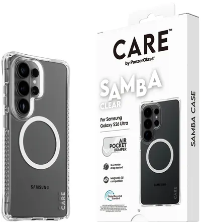 Husă CARE – Samba w. White Qi, Galaxy S26 Ultra, transparentă
