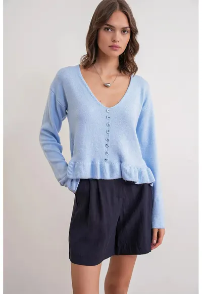 Pulover dama - Tricot - Albastru deschis - Decolteu in V