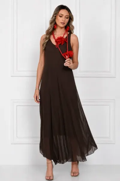 Rochie lunga din matase cu croi fluid si bretele fine, eleganta, maro inchis