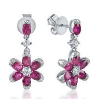Cercei floare din aur alb cu rubine ovale si diamante de 2.1ct