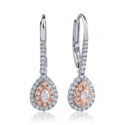 Cercei din aur alb-roz cu diamante roz pear si rotunde de 0.38ct si diamante incolore de 0.35ct