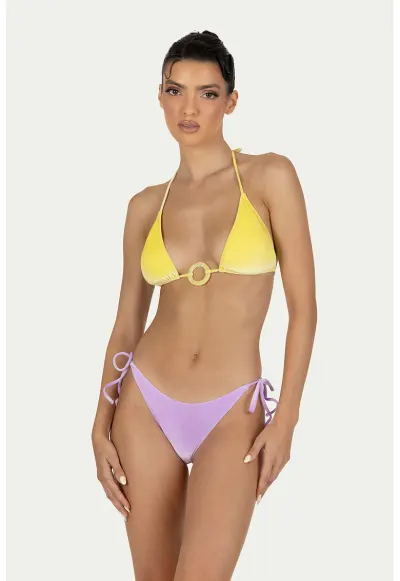 Costum de baie cu doua piese - doua nuante si cupe triunghiulare - Galben pal/Lila