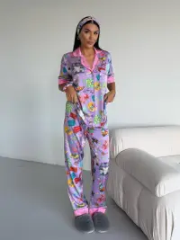 Set pijama dama din doua piese, cu nasturi – 2500378, Lilac Fantasy