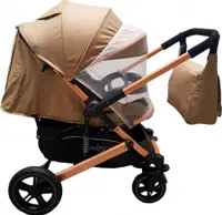 Carucior pentru copii Baby Care Pro 512 Maro Gold cu Suspensii, Cadru aluminiu Gold, Maner reversibil, Spatar reglabil in 5 trepte, Frana picior, Plasa insecte, Geanta