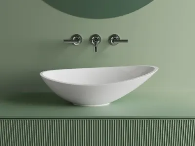 Lavoar pe blat din compozit, 56 x 32 cm, alb lucios, oval, Foglia Grace