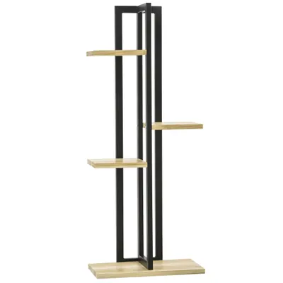 Outsunny Suport pentru Plante cu 4 Etaje din Lemn de Brad și Metal, 45x25x110 cm, Negru | Aosom Romania