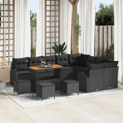 Set de canapea de gradina Gossi cu 13 piese si perne ratan negru acacia, set de dining de gradina Gossi cu 4 piese si perne ratan negru acacia, canapea de gradina cu 2 locuri si perne ratan negru Gossi