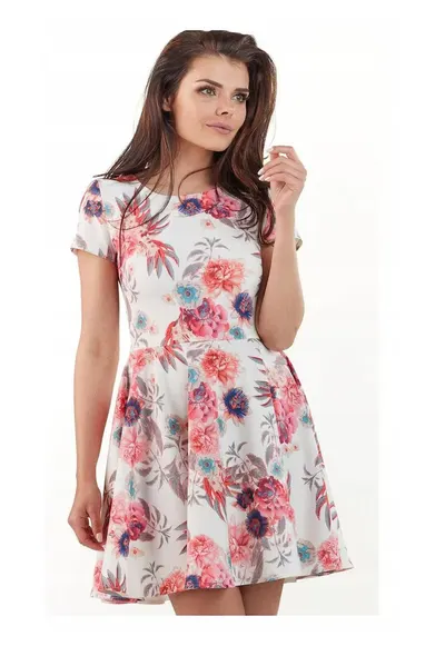 Rochie dama Poliester - M174 - Alb/Flori Fuchsia