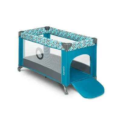 Patut pliabil Lionelo Stefi Turquoise cu un nivel, intrare laterala cu fermoar, roti, conform cu standardul european de securitate EN 716