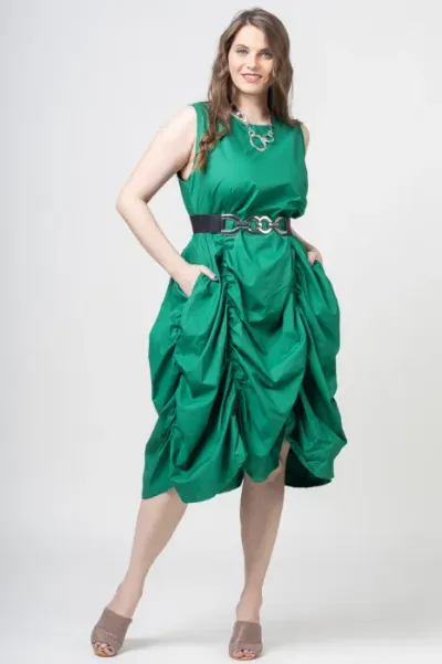 Rochie spectaculoasa verde, din poplin satinat, cu falduri
