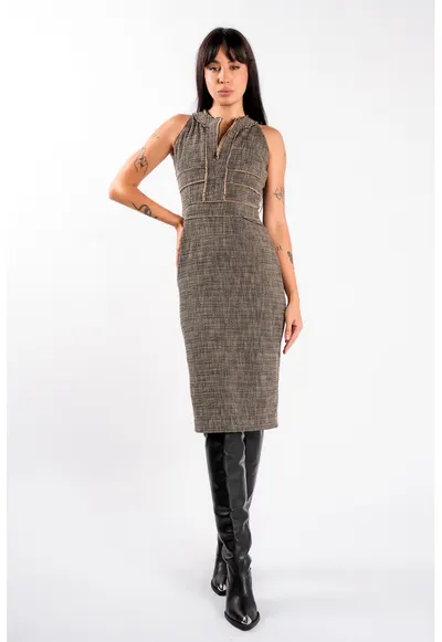 Rochie midi cambrata din tweed cappuccino - Negru