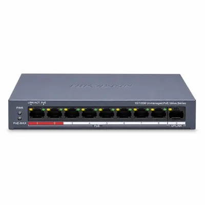 Switch cu 9 porturi Hikvision DS-3E0109P-E/M(C), 8 porturi PoE, 1 port uplink, 10/100Mbps, 2k MAC, buget PoE 80 W, fara management
