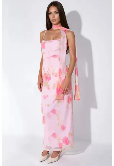 Rochie maxi - bodycon - floral - roz aprins - tul