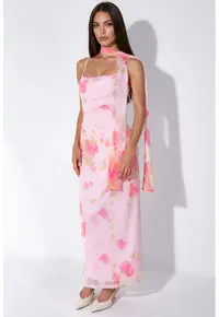 Rochie maxi - bodycon - floral - roz aprins - tul