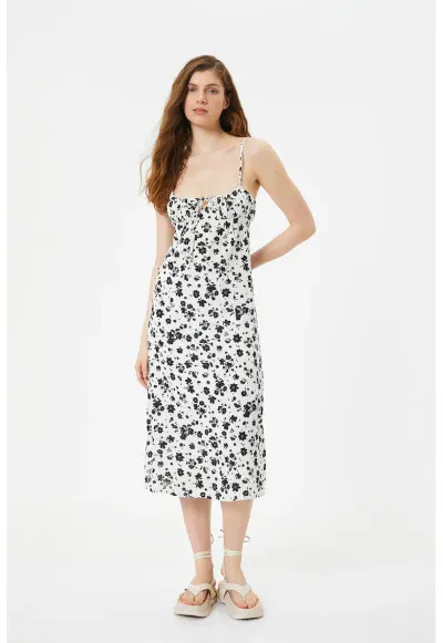 Rochie midi cu croiala in A si model floral - Negru/Alb murdar