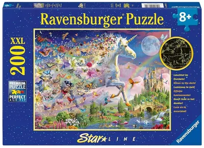 Puzzle luminos Ravensburger din 200 XXL de piese - Fluturi și unicorn