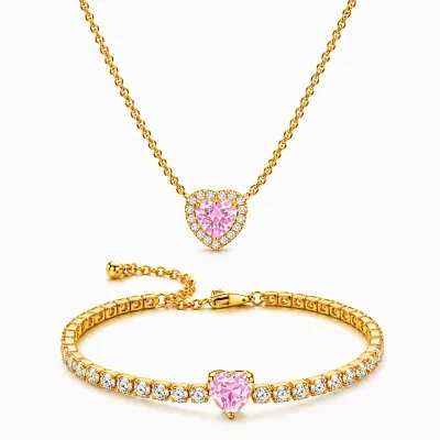 Set bijuterii Colier si Bratara Pink Heart Cu Aur