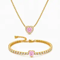 Set bijuterii Colier si Bratara Pink Heart Cu Aur