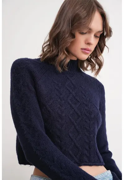 Pulover dama - Textil - Albastru marin - Guler inalt