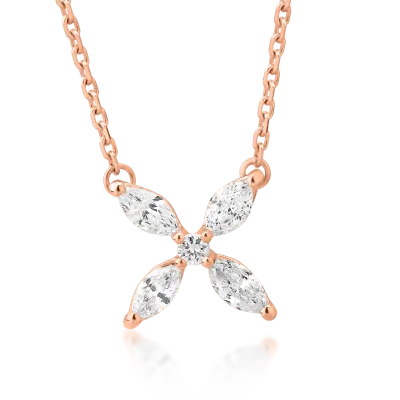 Lant cu pandantiv din aur roz cu diamante marquise si rotunde de 0.33ct