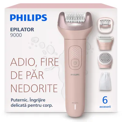 Epilator PHILIPS BRE718 00 Seria 9000 cu ProGuide 360 pentru epilare precisa, pensete ceramice, perie exfoliere corp, cap ras, pieptene tuns+ alte