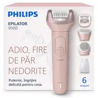 Epilator PHILIPS BRE718 00 Seria 9000 cu ProGuide 360 pentru epilare precisa, pensete ceramice, perie exfoliere corp, cap ras, pieptene tuns+ alte