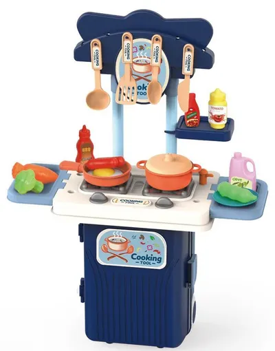 Bucătărie pentru copii în valiză Raya Toys - 4 în 1, albastră, 19 piese