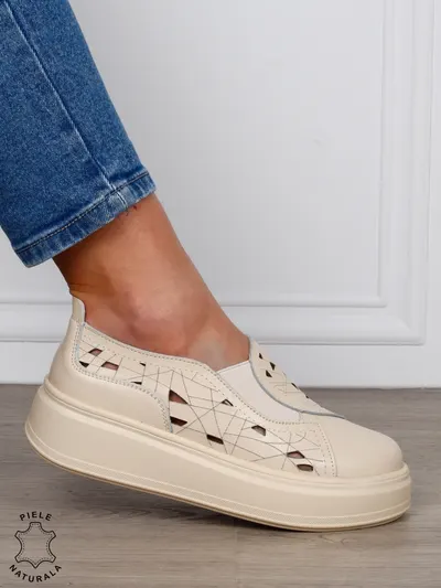 PANTOFI CASUAL Dama Piele Naturala Perforat Slip-on CRL1594 BEJ