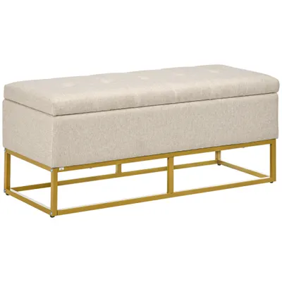 HOMCOM Bancă de Depozitare cu Șezut, Bancă Tapițată Dreptunghiulară, Taburet din Stofă de In cu Picioare de Oțel, 110x44x48 cm, Bej | Aosom Romania