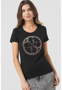 Tricou slim fit cu logo din strasuri - Negru/Roz/Albastru