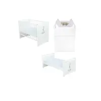 Set mobilier pentru copii, BabyNeeds: Patut multifunctional din lemn de pin, transformabil junior, cu somiera reglabila in 3 trepte, Nadia II, 120x60 cm + Saltea cocos-burete 10 cm + Comoda cu masa de infasat, Alb