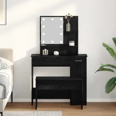 vidaXL Set masă de machiaj cu LED 2 buc. Stejar Negru Lemn prelucrat