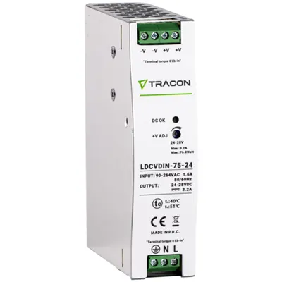 Alimentator cu montaj pe sina DIN, cu iesire de CC reglabila 90-264VAC,1,6A/DC24V,3,2A/75W