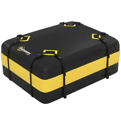 Outsunny Cutie portbagaj impermeabilă 425 L pentru acoperișuri auto cu/fără suport, cutie pentru bagaje cu 8 chingi întărite, cârlige pentru uși, galben | Aosom Romania