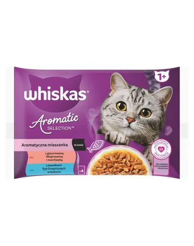 Hrană umedă pisici adulte în sos WHISKAS Aromatic Mix 4x85 g plicuri cu porc și pește