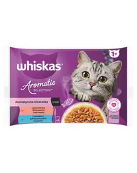 Hrană umedă pisici adulte în sos WHISKAS Aromatic Mix 4x85 g plicuri cu porc și pește