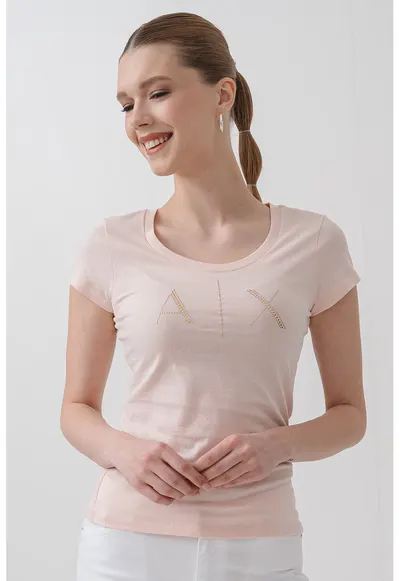 Tricou din bumbac cu aplicatii logo cu strasuri - Roz deschis