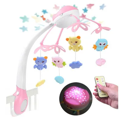 Carusel muzical patut, Jokomisiada, Cu 4 jucarii in forma de animale, Cu melodii preincarcate, Cu sunete ale naturii si melodie de leagan, Cronometru si sunete de animale, Cu spatiu pentru telefonul mobil si telecomanda, 0 luni+, Pink