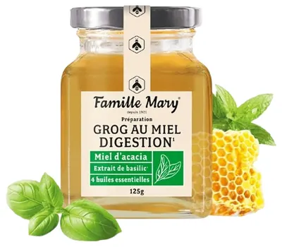 Grog cu miere de albine acacia + 4 tipuri de uleiuri esențiale și busuioc, 125 g, Famille Mary