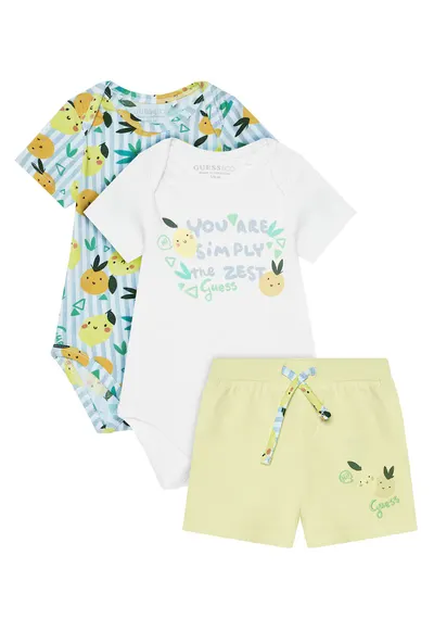 Compleu copii - set body+ pantaloni scurti - bumbac - alb - albastru - galben
